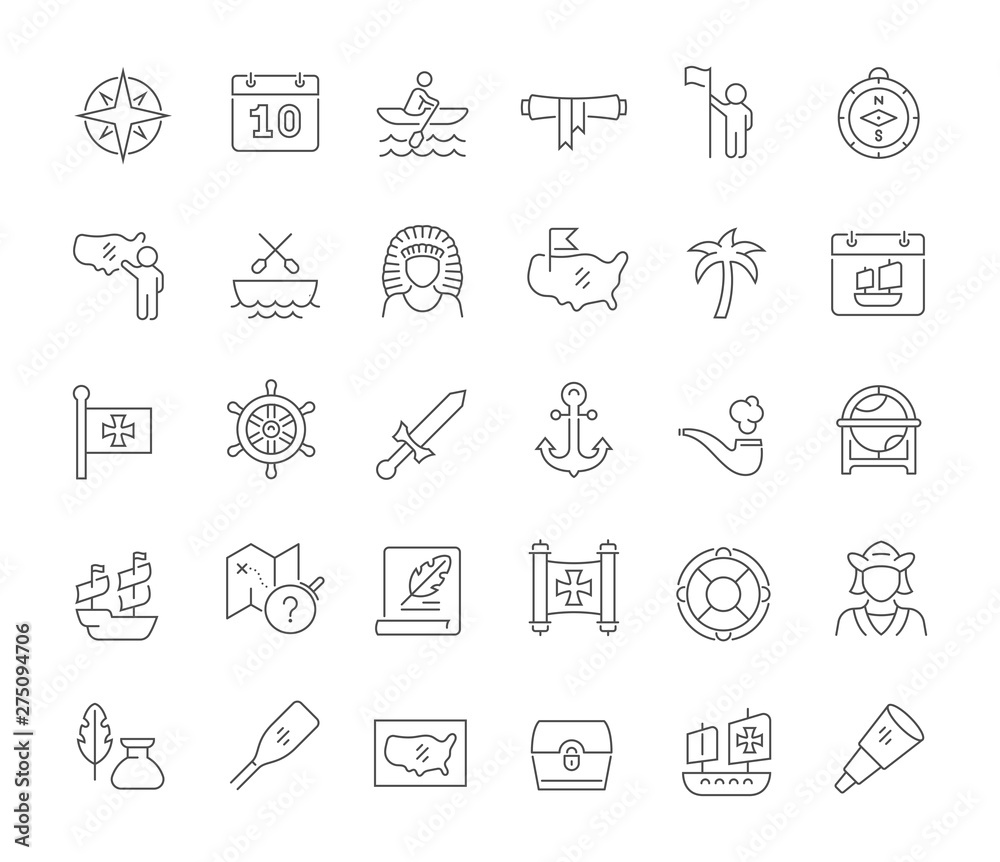 Set Vector Line Icons of Columbus Day Set Vector Line Icons of Columbus Day
