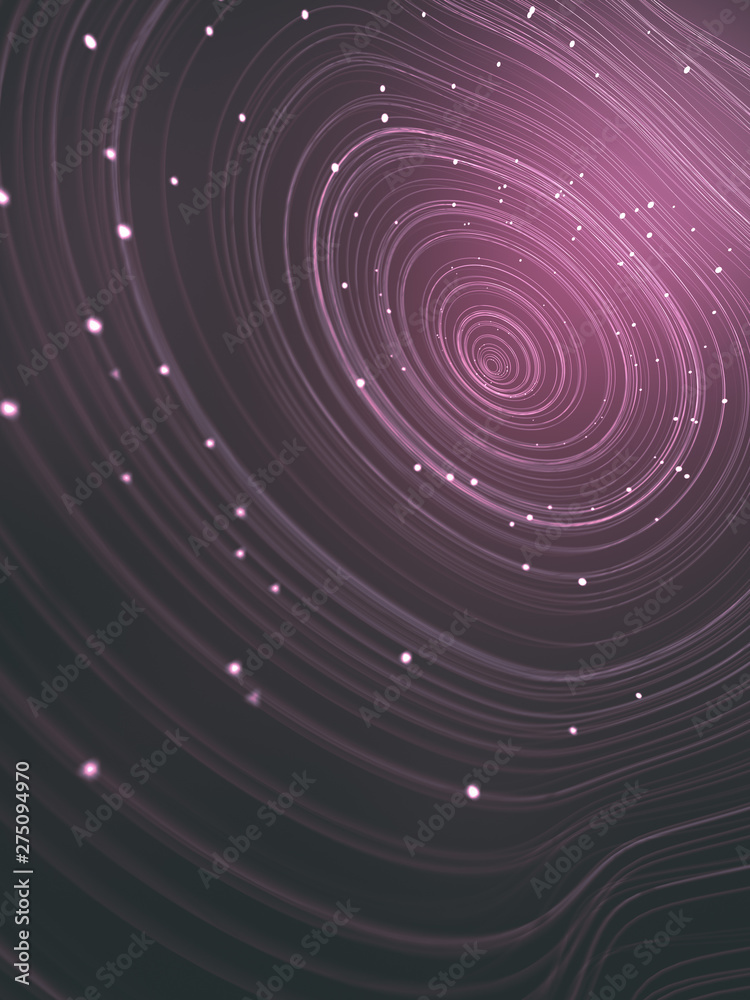 Magic wavy rings with small beads on a dark background. Depth of field. 3d rendering