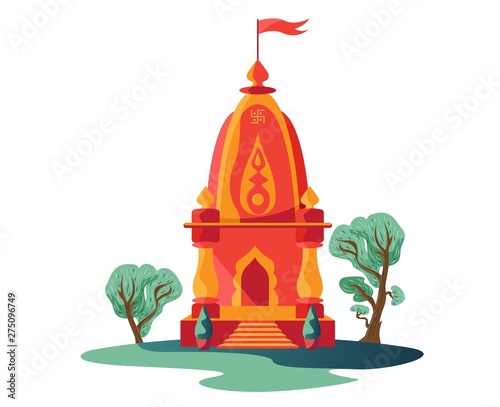hindu temple with flag and trees isolated