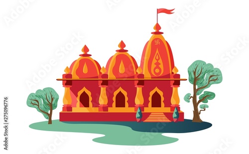 Hindu temple with flag and trees isolated