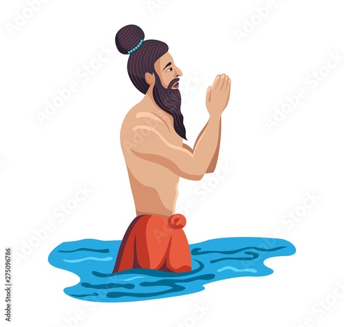 sadhu praying in river isolated
