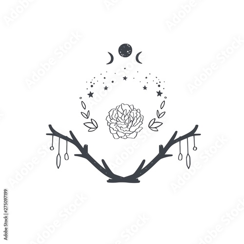 Vector magical boho, pagan composition with flowers, moon phases, night starry sky and trees with gemstones. Hand drawn tattoo design, alchemy symbol.