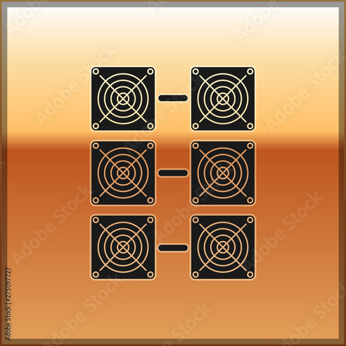 Black Mining farm icon isolated on gold background. Cryptocurrency mining, blockchain technology, bitcoin, digital money market, cryptocoin wallet. Vector Illustration