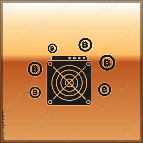 Black ASIC Miner icon isolated on gold background. Cryptocurrency mining equipment and hardware. Application specific integrated circuit. Vector Illustration