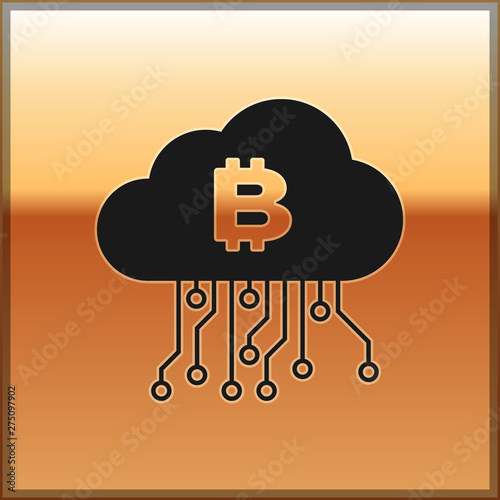 Black Cryptocurrency cloud mining icon isolated on gold background. Blockchain technology, bitcoin, digital money market, cryptocoin wallet. Vector Illustration