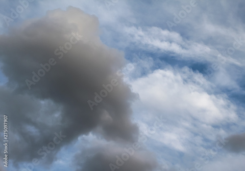 Gray clouds float across a blue sky