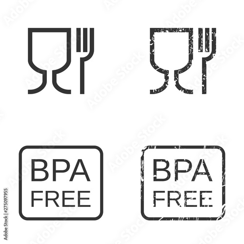 Vector illustration of food safe and bpa-free signs. Set of isolated icons with grunge copy on white background. Fully editable collection for your packaging design and other projects.