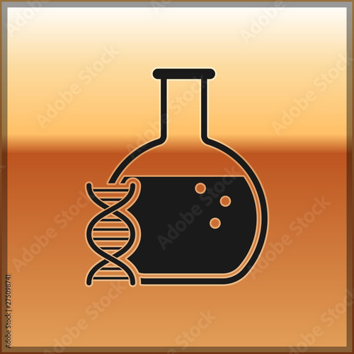 Black DNA research, search icon isolated on gold background. Genetic engineering, genetics testing, cloning, paternity testing. Vector Illustration