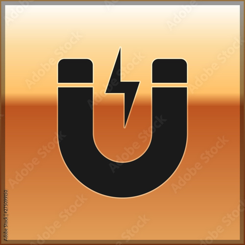Black Magnet with lightning icon isolated on gold background. Horseshoe magnet, magnetism, magnetize, attraction sign. Vector Illustration