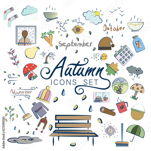 Autumn set, hand drawn elements- calligraphy, fall leaves, forest animals, wreaths, and other. Perfect for web, card, poster, cover, tag, invitation, sticker kit