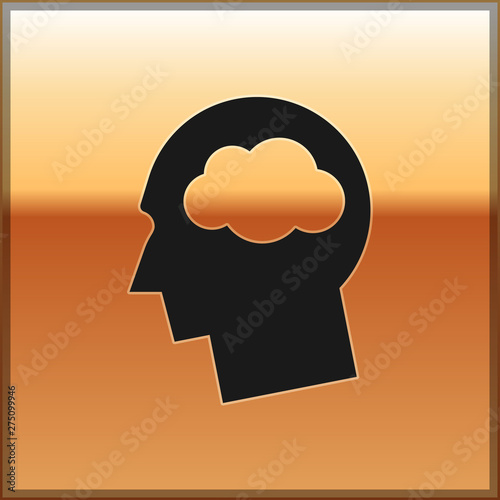 Black Head silhouette with cloud icon isolated on gold background. Dreaming sign. Vector Illustration