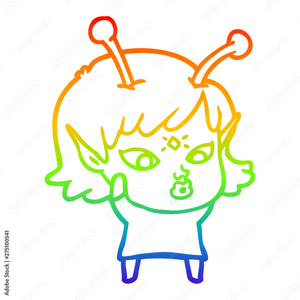 rainbow gradient line drawing pretty cartoon alien girl