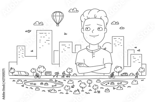 Vector line background for comfortable city. Linear illustration of a modern city with houses, trees, transport, ponds and a park.