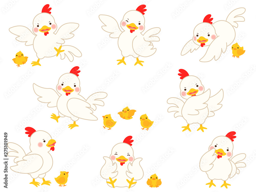 ニワトリとヒヨコのポーズイラストセット ニワトリとヒヨコのポーズイラストセット