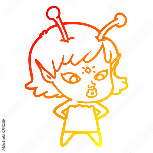 warm gradient line drawing pretty cartoon alien girl