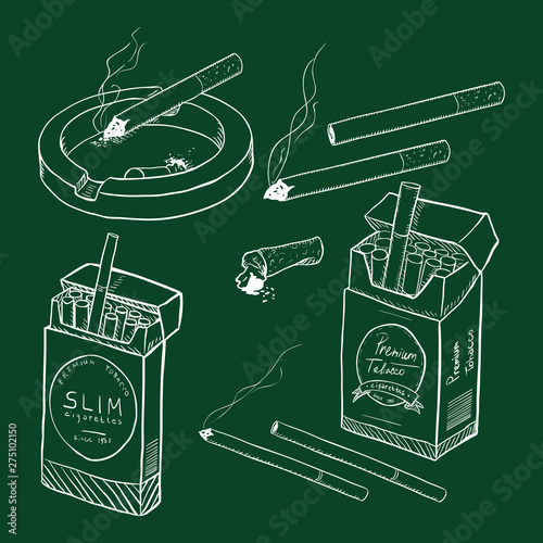 Vector Set of Chalk Sketch Cigarettes and Cigarette Boxes
