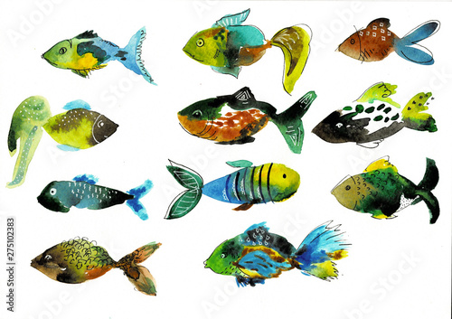 Sea set of fish. Watercolor illustration