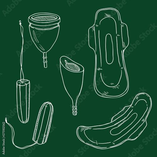 Vector Chalk Sketch Set of Women Intimate Hygiene Items. Tampons, Menstrual Cups and Sanitary Towels