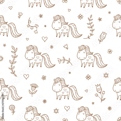 Summer seamless pattern  with  horse and plants on white  background. Vector contour  image. 