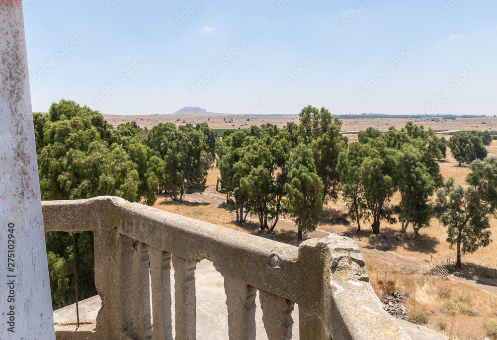 View from the minaret balcony of the ruined mosque Horvat Khushniya remaining after the war of the Judgment Day (Yom Kippur War) on the Golan Heights, near the border with Syria in Israel