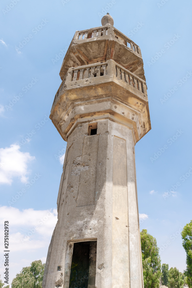 The ruined mosque Horvat Khushniya with the minaret remaining after the war of the Judgment Day (Yom Kippur War) on the Golan Heights, near the border with Syria in Israel