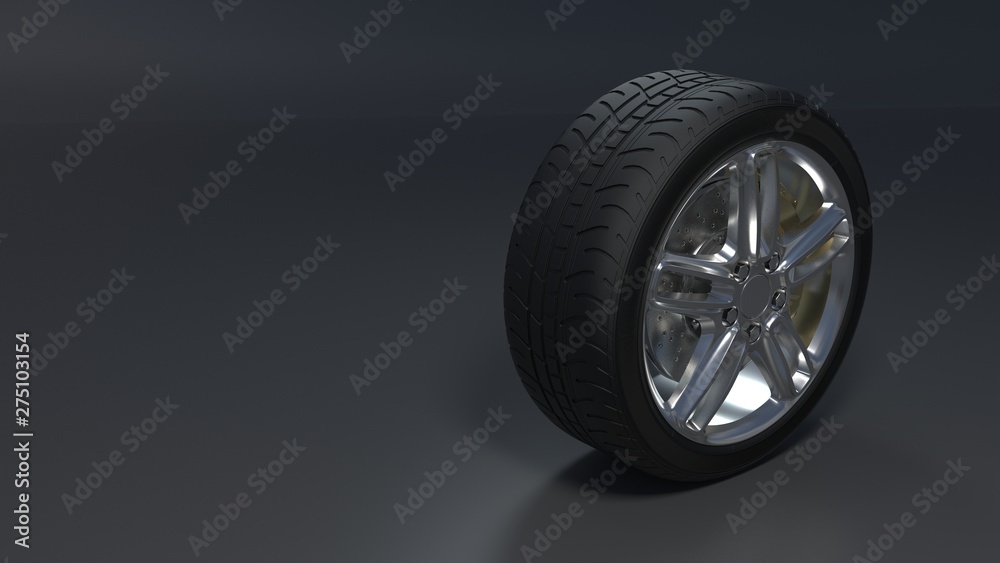 Alloy wheels tire auto on a dark background 3d render Alloy wheels tire auto on a dark background 3d render
