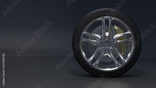 Alloy wheels tire auto on a dark background  3d render © evgeniy