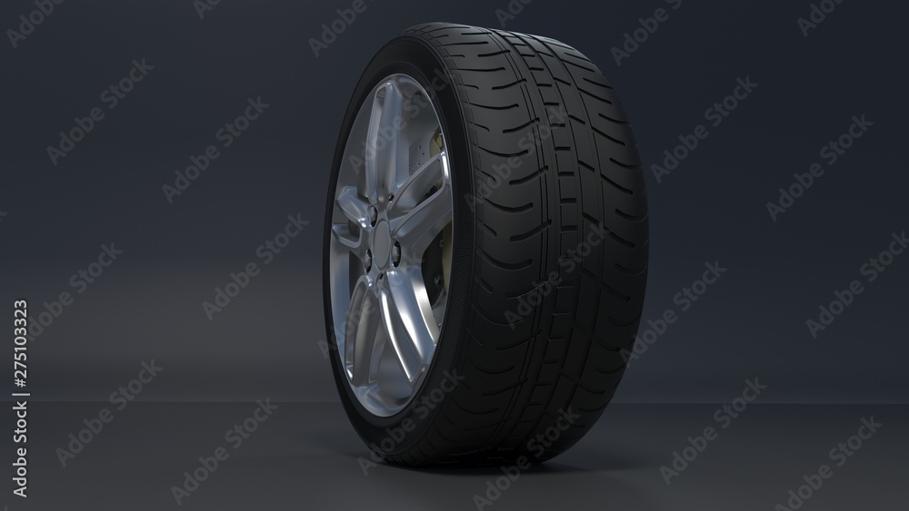 Alloy wheels tire auto on a dark background  3d render