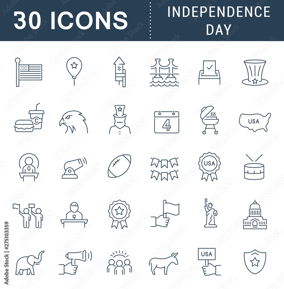 Fototapeta premium Set Vector Line Icons of Independence Day