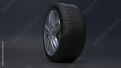 Alloy wheels tire auto on a dark background  3d render © evgeniy