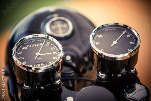 Speedometer gauge of a vintage motorcycle
