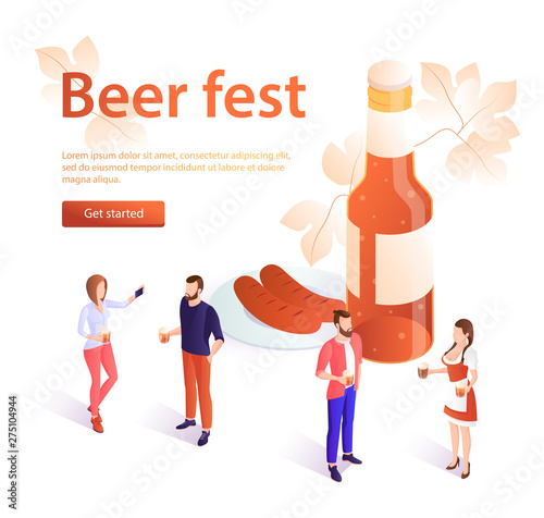 Oktoberfest concept banner in isometric style. Banner beer fest, beer festival poster. A young girl in traditional dress carries beer. Oktoberfest celebration, men and women holding beer mugs. For adv