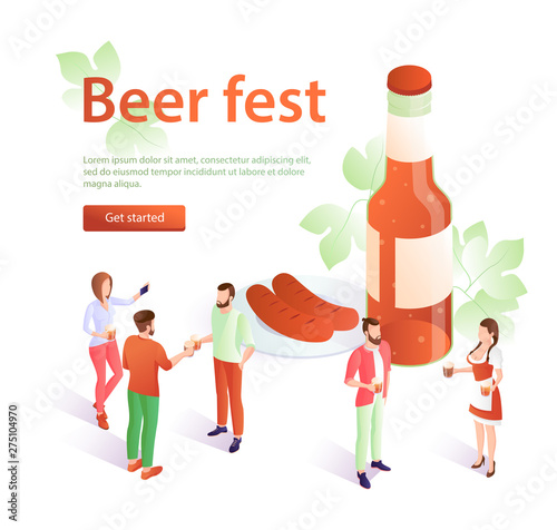 Oktoberfest concept banner in isometric style. Banner beer fest, beer festival poster. A young girl in traditional dress carries beer. Oktoberfest celebration, men and women holding beer mugs. For adv