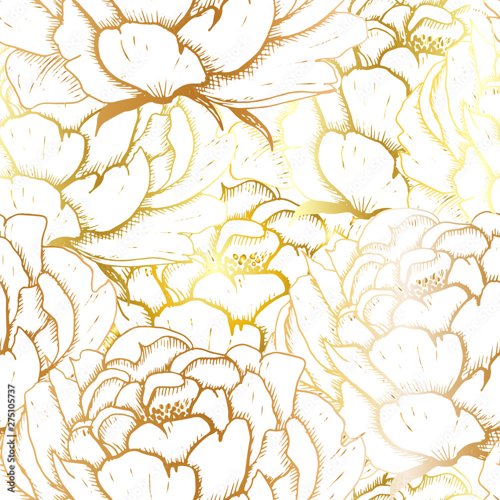 Fototapeta Peony backdrop. Hand drawn seamless pattern with sketch style golden flowers peony. Golden on white, vector background.