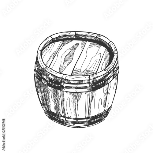 Hand Drawn Standing Vintage Wooden Barrel Vector. Closed Barrel For Brewing Production And Storage Alcohol Drink. Design Liquid Container Object Monochrome Style Black And White Cartoon Illustration