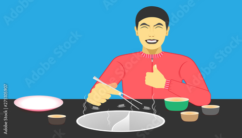 free space on the chalice dish and electric pot for your food promotion. a man happy while eating meal recommended and acting give a like on left hand and right holding the chopsticks.
