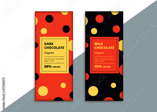 Organic dark and milk chocolate bar design. Creative abstract choco packaging vector mockup. Trendy luxury product branding template with label and pattern.