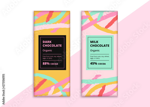 Organic dark and milk chocolate bar design. Creative abstract choco packaging vector mockup. Trendy luxury product branding template with label and pattern.