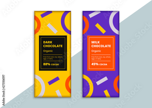 Organic dark and milk chocolate bar design. Creative abstract choco packaging vector mockup. Trendy luxury product branding template with label and pattern.