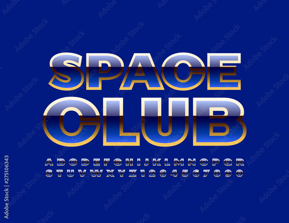 Vector chic poster Space Club with Gold and Blue Font. Uppercase elite Font. Luxury shiny Letters and Numbers