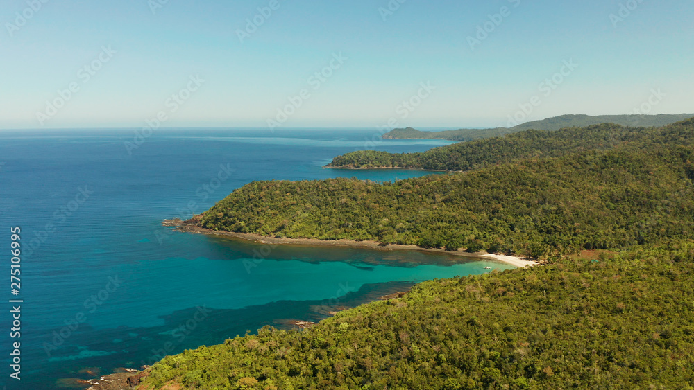 Fototapeta premium aerial view coastline of tropical island with coral reef and blue lagoon. Palawan, Philippines. tropical landscape. Seascape island and clear blue water. tropical landscape, travel concept