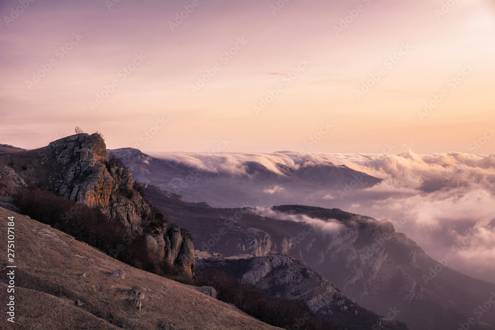 Sunset light in the Demerdzhi mountain range in the Valley of ghosts
