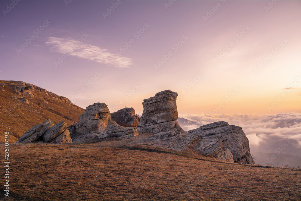 Sunset light in the Demerdzhi mountain range in the Valley of ghosts