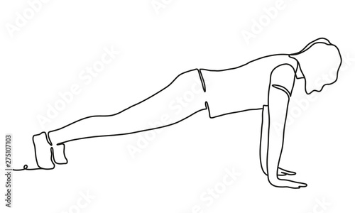 Woman doing Ashtanga Vinyasa yoga - extended four-limbed pose. Continuous line drawing. Isolated on the white background. Vector monochrome, drawing by lines