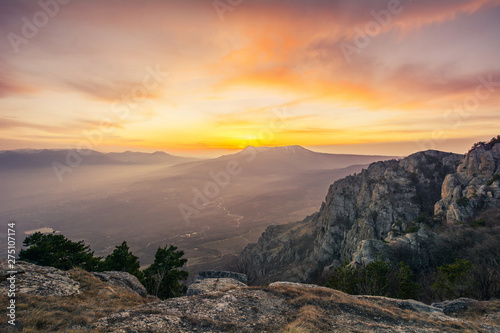 Sunset light in the Demerdzhi mountain range in the Valley of ghosts