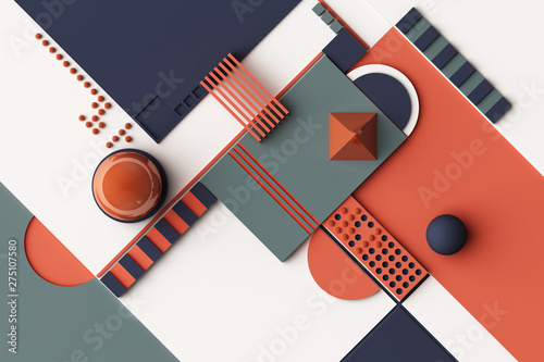 Design with composition of geometric shapes in orange and darkblue tone. 3d rendering illustration
