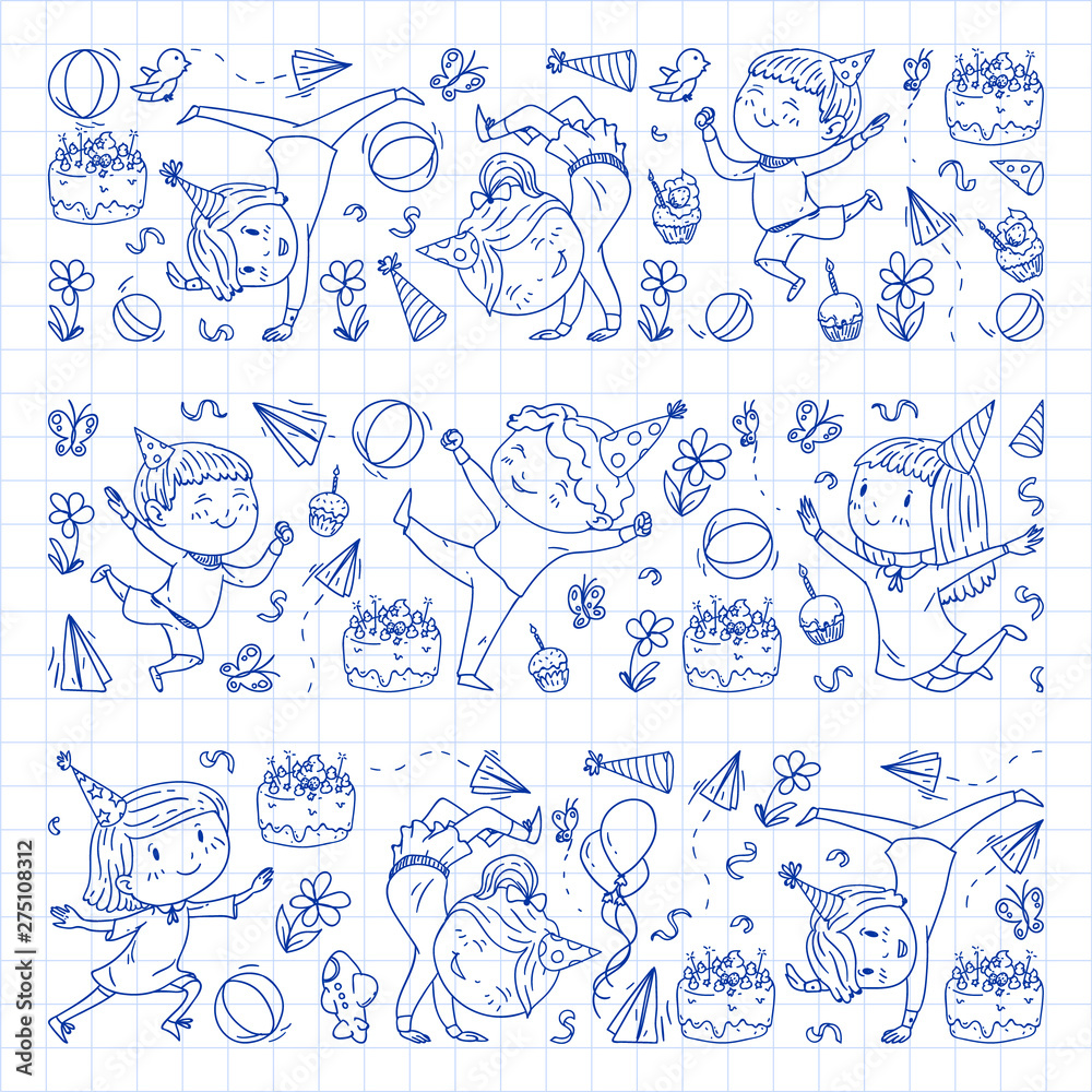 Obraz premium Vector illustration in cartoon style, active company of playful preschool kids jumping, at a party, birthday. Pen drawing in squared notebook.