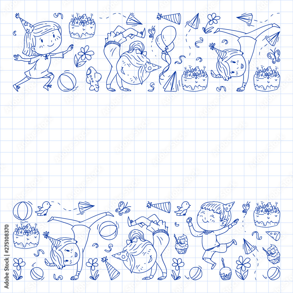 Vector illustration in cartoon style, active company of playful preschool kids jumping, at a party, birthday. Pen drawing in squared notebook. Vector illustration in cartoon style, active company of playful preschool kids jumping, at a party, birthday. Pen drawing in squared notebook.