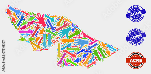 Vector handmade composition of Acre State map and scratched stamp seals. Mosaic Acre State map is designed of scattered bright colored hands. Rounded stamp imprints with corroded rubber texture.