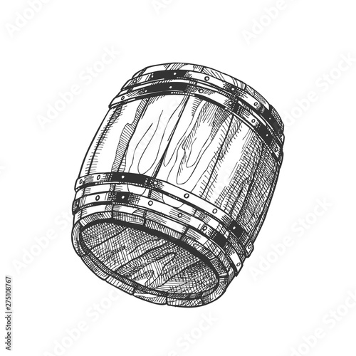 Drawn Old Oak Wooden Barrel For Beverage Vector. Traditional Barrel For Production, Storage And Delivery Whiskey. Closeup Equipment Of Distillery Plant Container Monochrome Cartoon Illustration